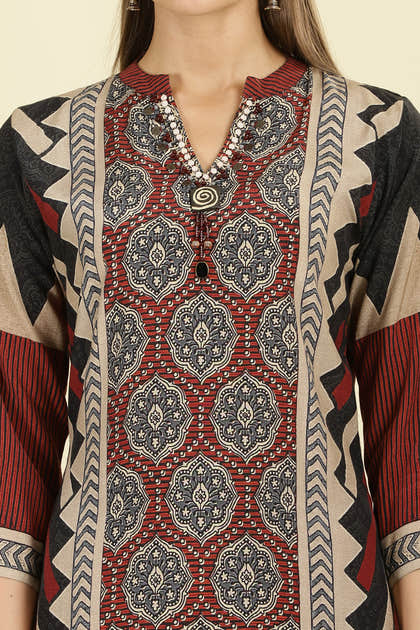 Maroon Muslin Ajrakh Printed Suit with Palazzo
