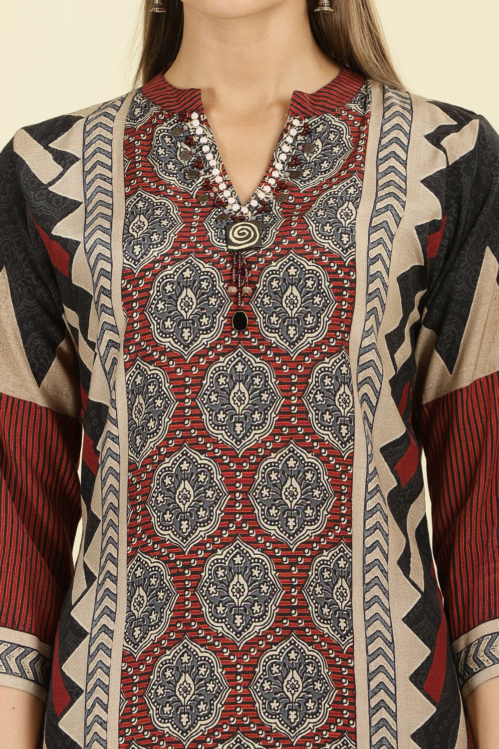 Maroon Muslin Ajrakh Printed Suit with Palazzo