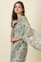 White & Green Georgette Floral Printed Saree