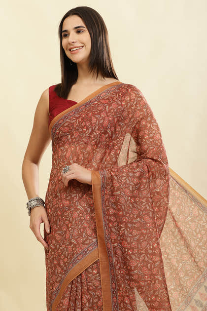 Brown Floral Printed Cotton Silk Saree