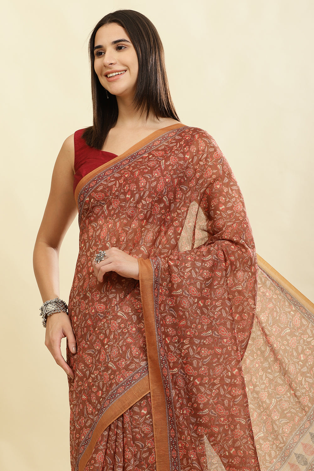 Brown Floral Printed Cotton Silk Saree