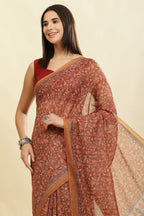 Brown Floral Printed Cotton Silk Saree