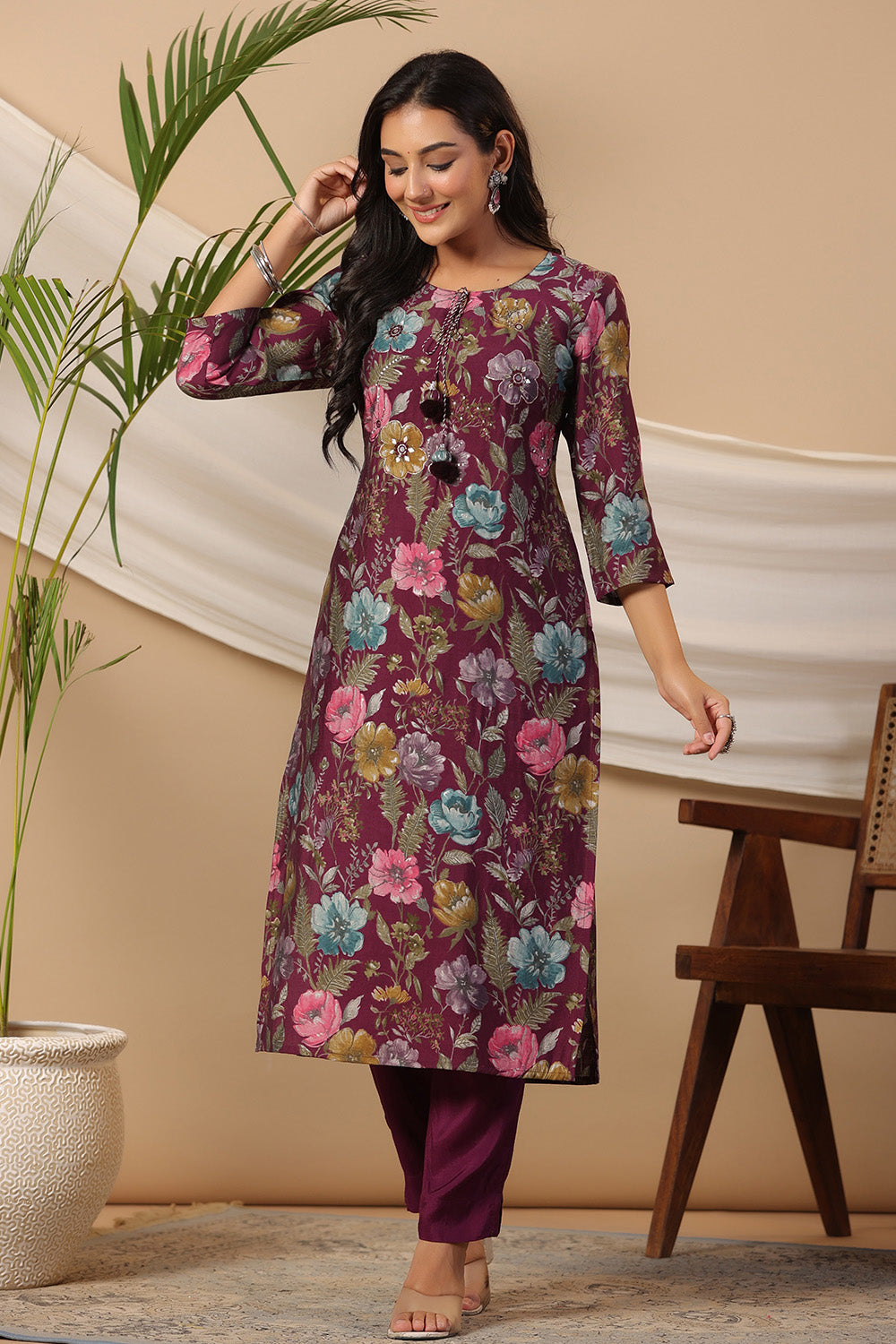 Dark Scarlet Color Cotton Floral Printed Long Kurta Set