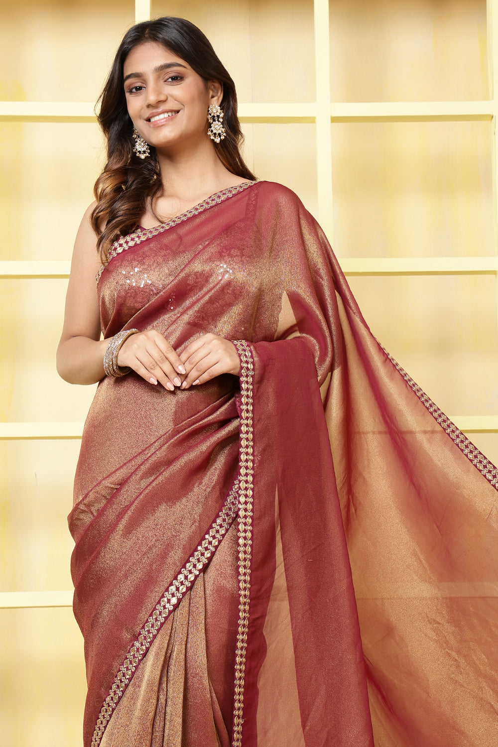 Wine Color Matelic Tissue Sequins &amp; Zari Embroidered Saree with Readymade Blouse