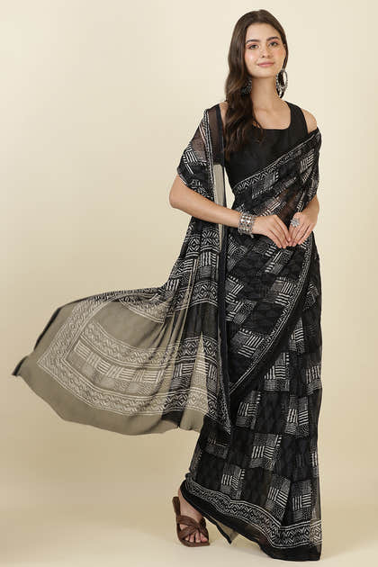 Black Printed Georgette Saree