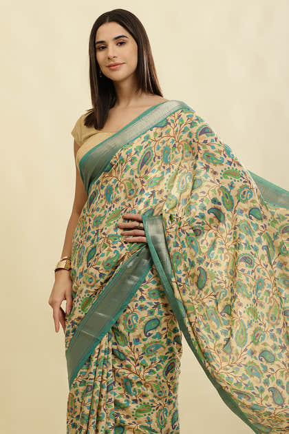 Sea Green & Beige Cotton Silk Floral Boota Printed Saree