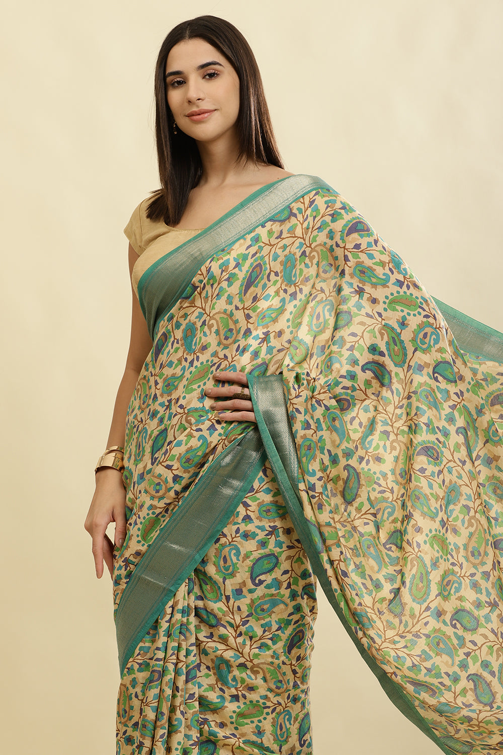 Sea Green & Beige Cotton Silk Floral Boota Printed Saree