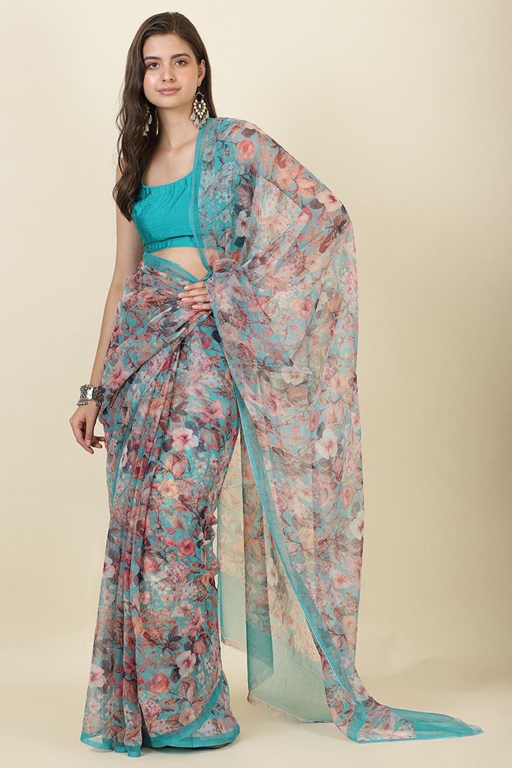 Turquoise Floral Printed Chiffon Saree