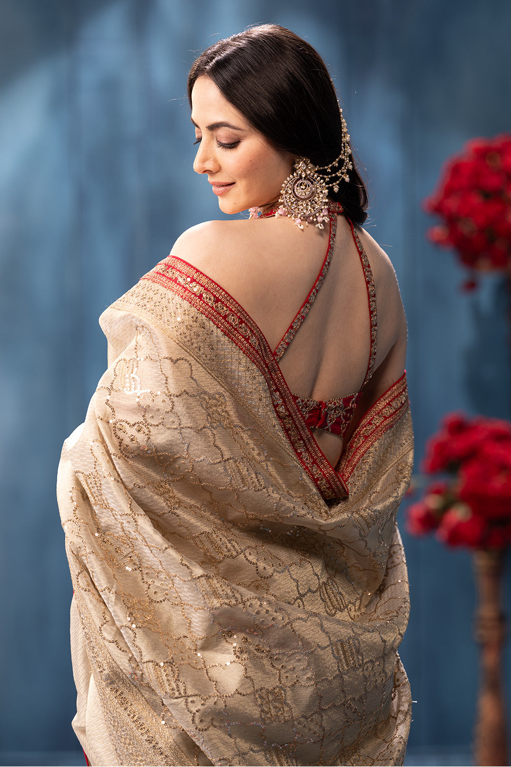 Beige Pure Metallic Tissue Sequins And Zari Embroidered Saree