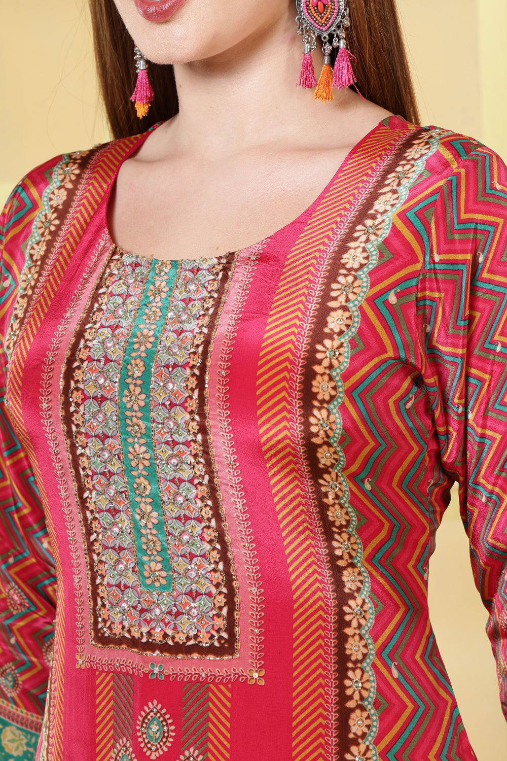 Magenta Crepe Silk Printed Straight Suit