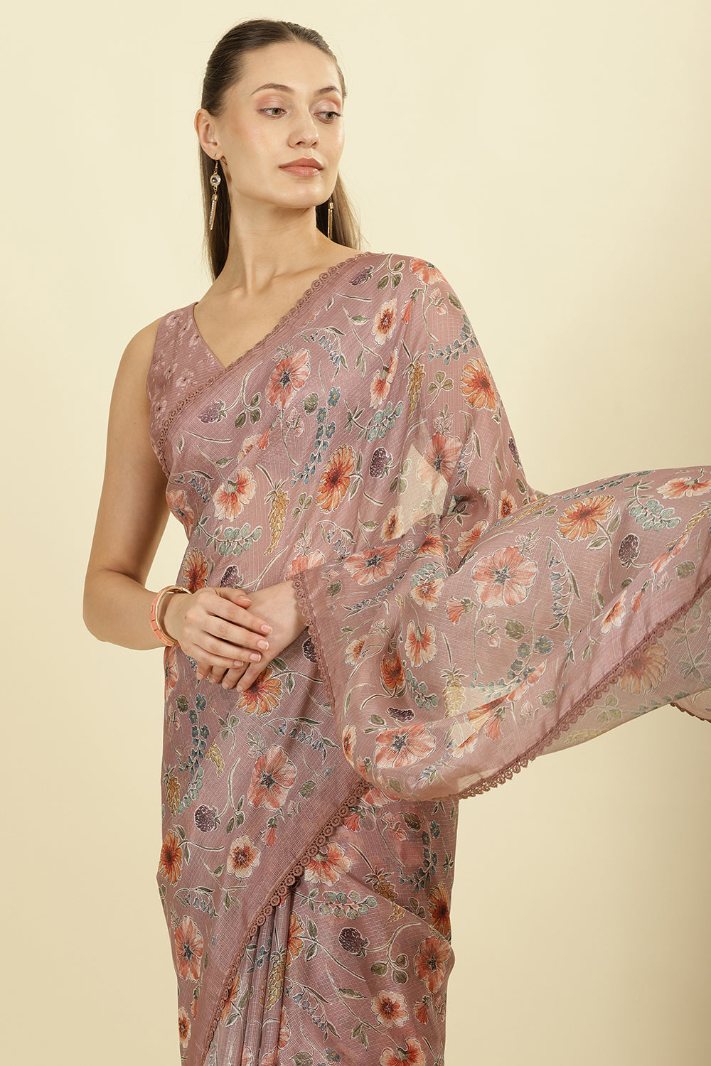 Light Brown Organza Floral Printed And Lace Work Saree
