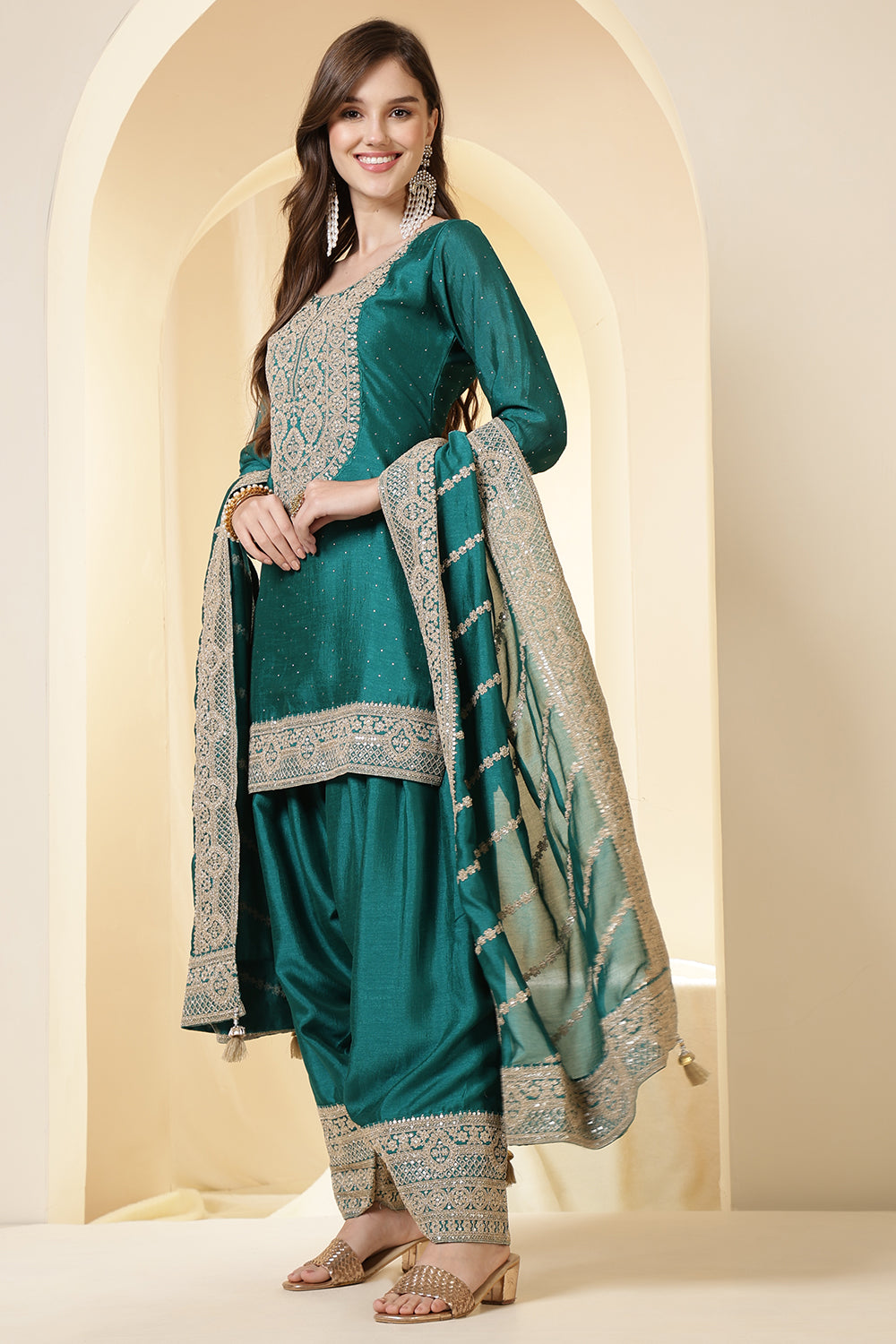 Teal Silk Zari Embroidered Suit With Parsi Salwar