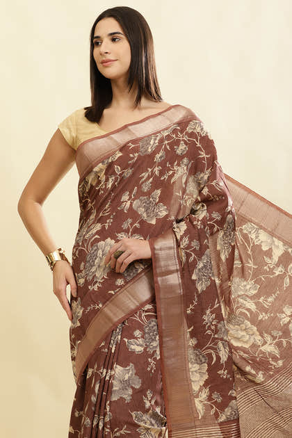 Brown Cotton Silk Floral Printed & Zari Border Saree