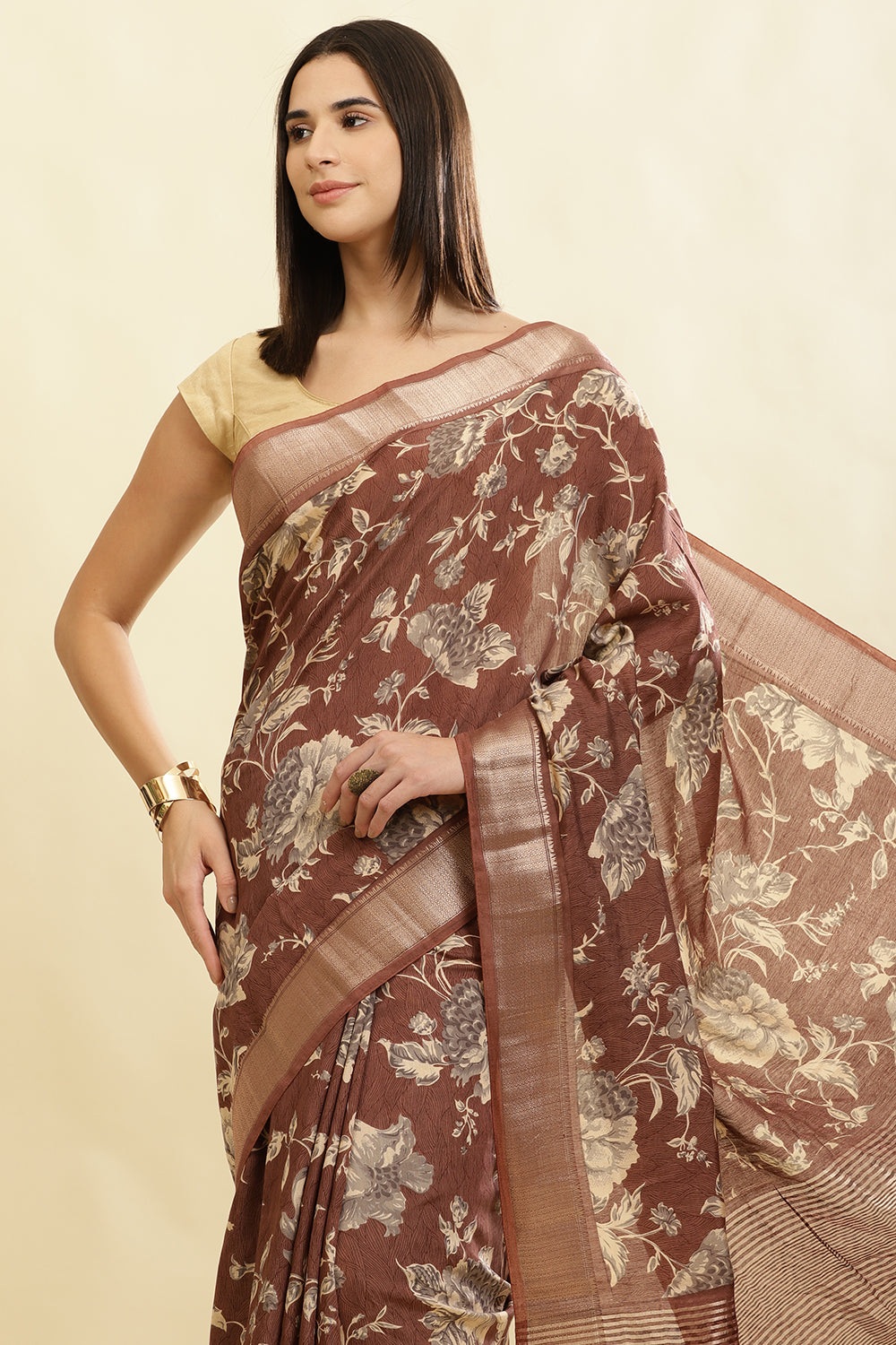 Brown Cotton Silk Floral Printed & Zari Border Saree