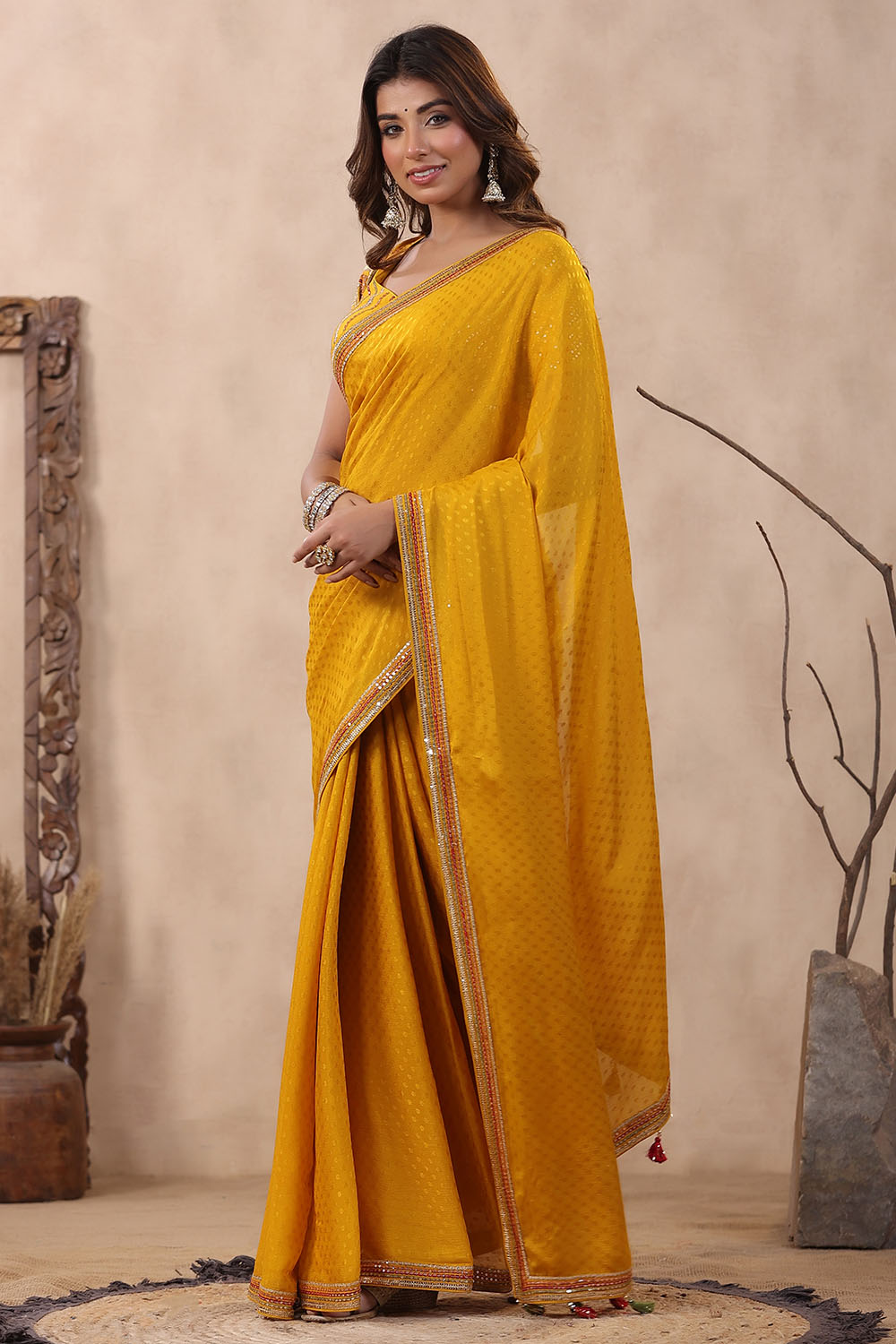 Mustard Color Jacquard Crepe Woven Saree With Readymade Blouse