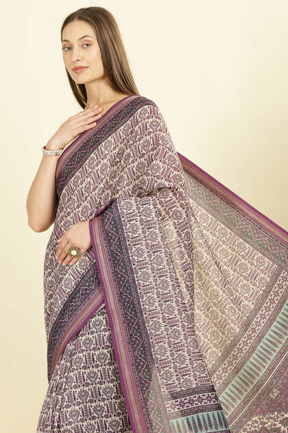 Purple Ajrakh Block Printed Cotton Saree