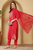 Magenta Pink Cotton Silk Printed & Neck Embroidered Suit