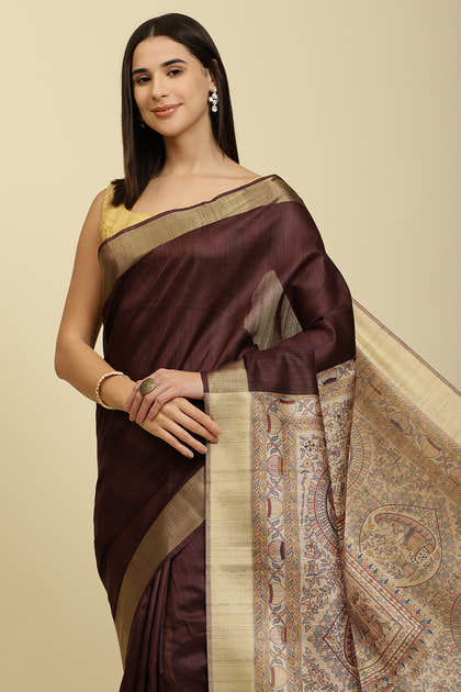 Wine Color Cotton Silk Madhubani Print Saree