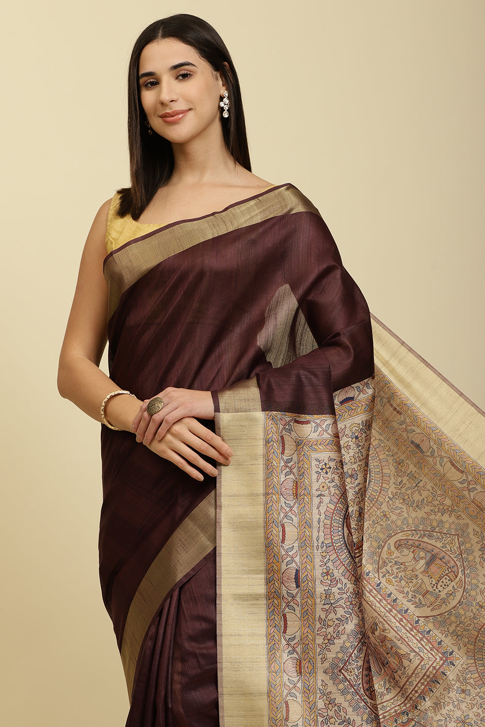 Wine Color Cotton Silk Madhubani Print Saree