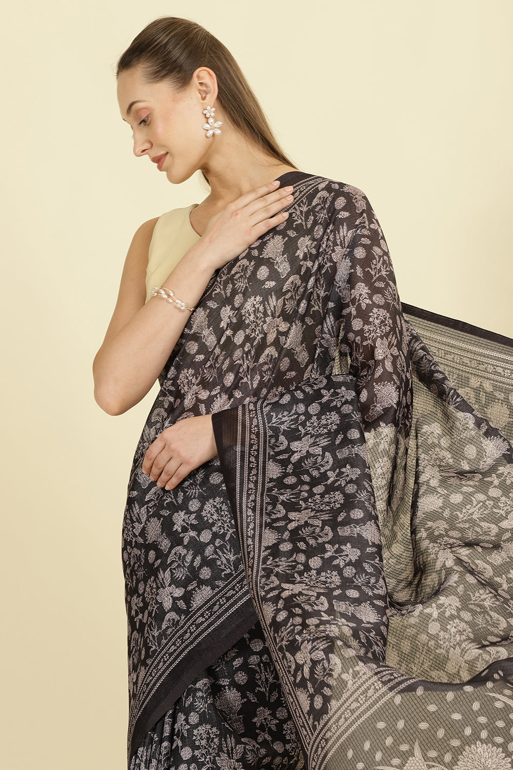 Black Kota Cotton Floral Jaal Printed Saree