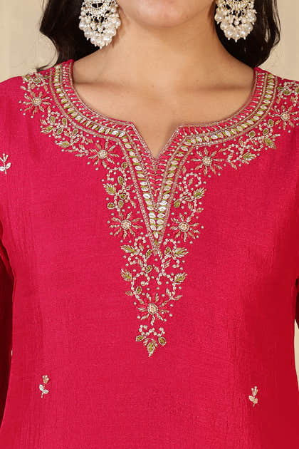 Cherry Red Crepe Silk Neck Embroidered Suit