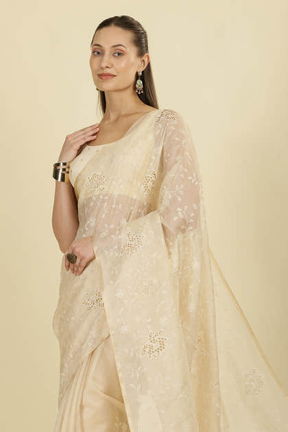 Cream Floral Resham Embroidered Cotton Saree