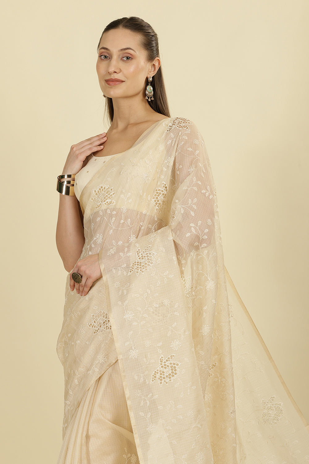 Cream Floral Resham Embroidered Cotton Saree