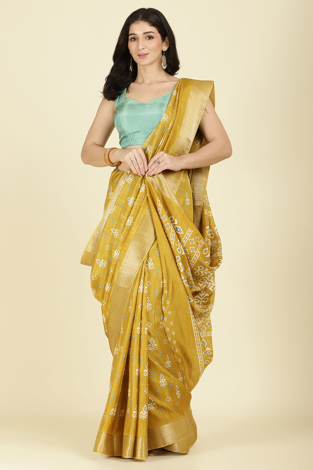 Mustard Cotton Silk Printed And Zari Woven Saree