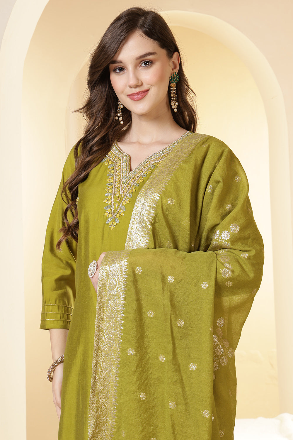 Green Silk Embroidered Suit Set