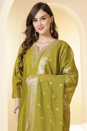 Green Silk Embroidered Suit Set