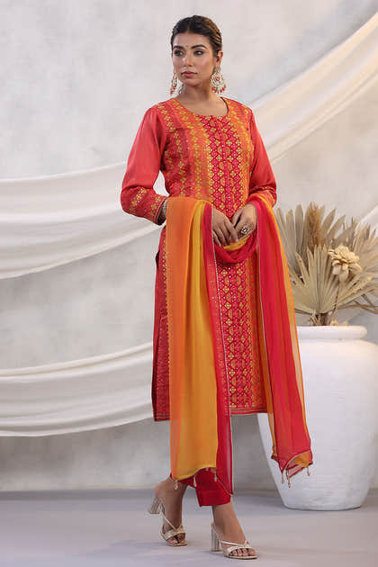 Coral Color Embroidered Silk Unstitched Suit Fabric