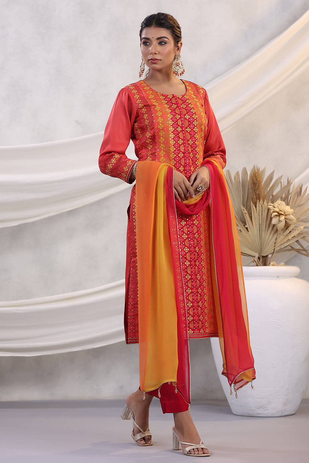 Coral Color Embroidered Silk Unstitched Suit Fabric