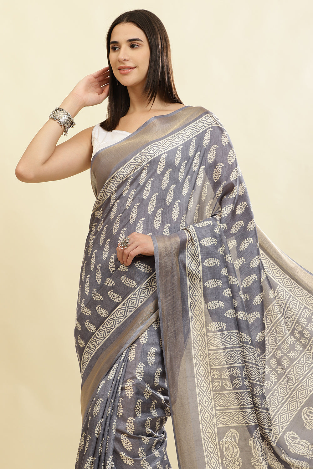 Grey Color Cotton Silk Boota Printed And Zari Woven Saree
