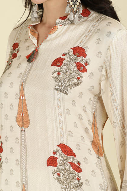 Cream Mul Cotton Floral Printed Kurta Set