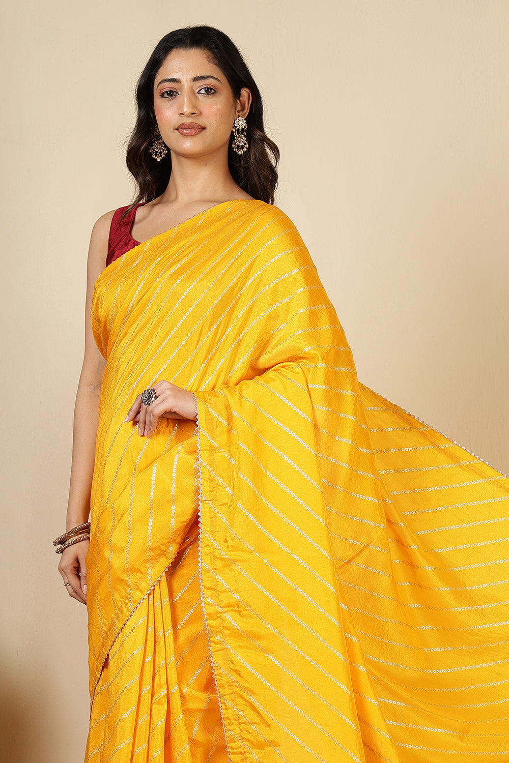 Mustard Modal Silk Saree with Zari Pinstripes
