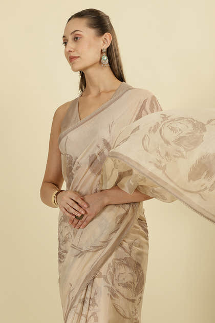 Beige Floral Zari Taar Embroidered Kota Cotton Saree