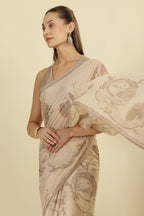 Beige Floral Zari Taar Embroidered Kota Cotton Saree