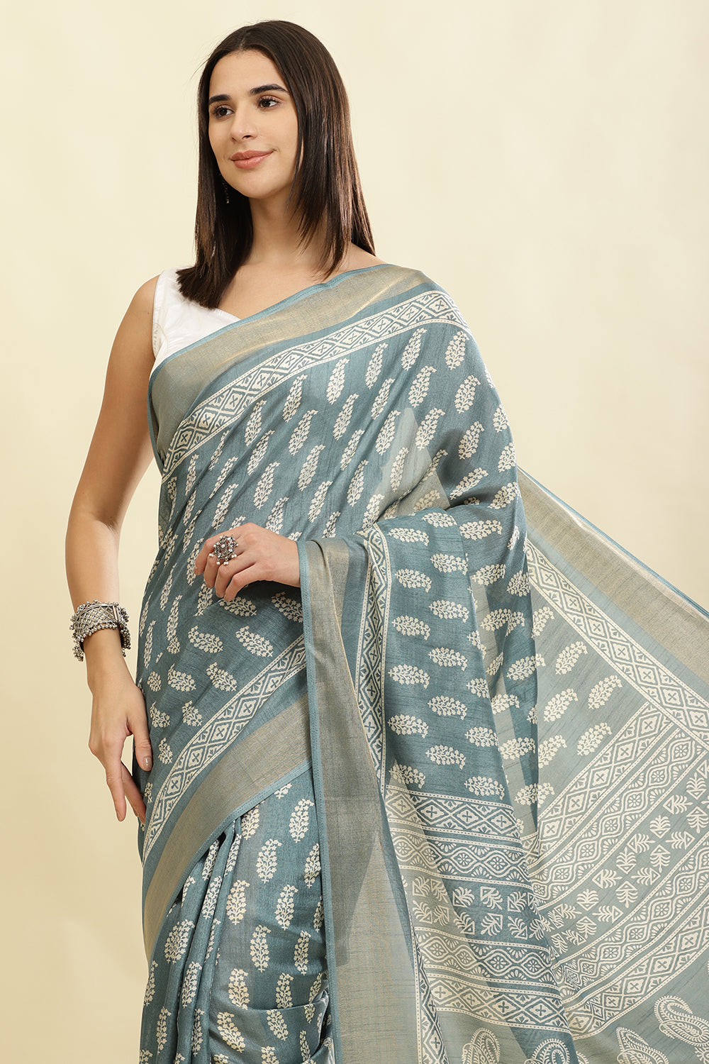Firozi Color Cotton Silk Boota Printed And Zari Woven Saree