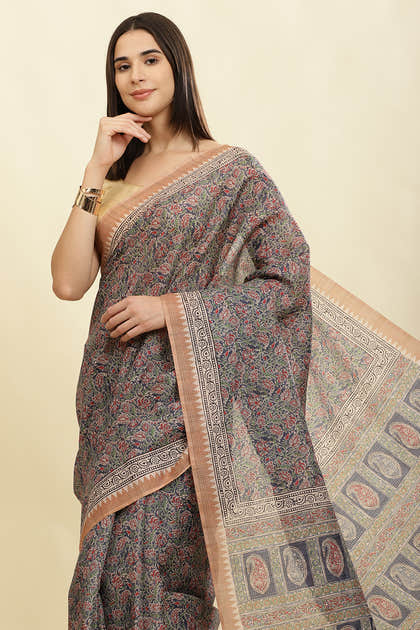 Navy Cotton Silk Floral Boota Printed Saree