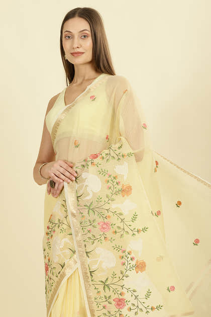 Yellow Kota Cotton Floral Resham Embroidered And Zari Woven Saree