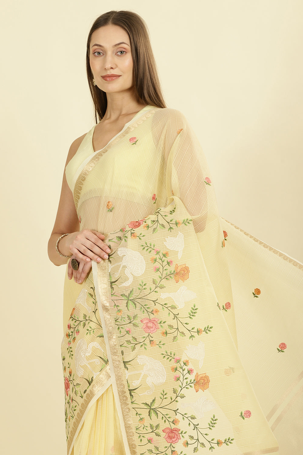 Yellow Kota Cotton Floral Resham Embroidered And Zari Woven Saree