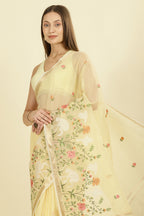 Yellow Kota Cotton Floral Resham Embroidered And Zari Woven Saree