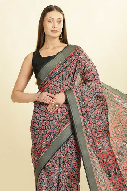 Black Ajrakh Block Printed Cotton Saree
