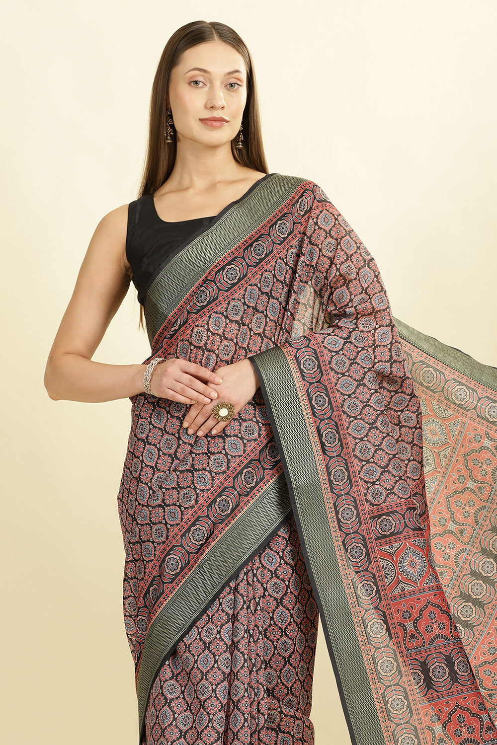 Black Ajrakh Block Printed Cotton Saree