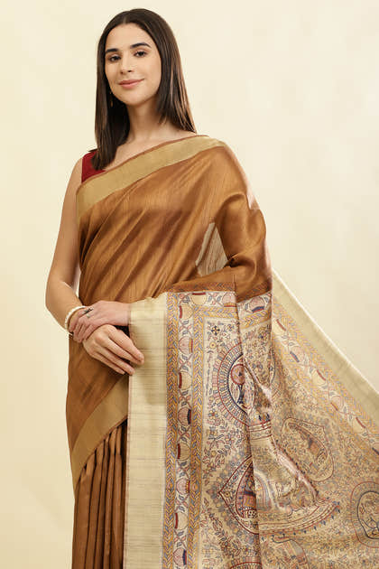 Brown Color Cotton Silk Madhubani Print Saree