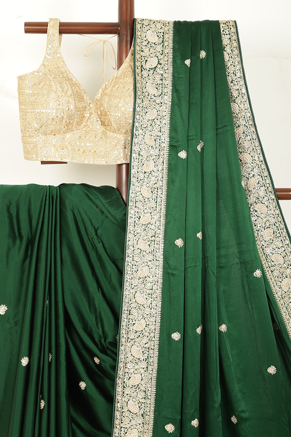 Bottle Green Color Pure Satin Crepe Saree with Zardozi Handwork & Paisley Buta