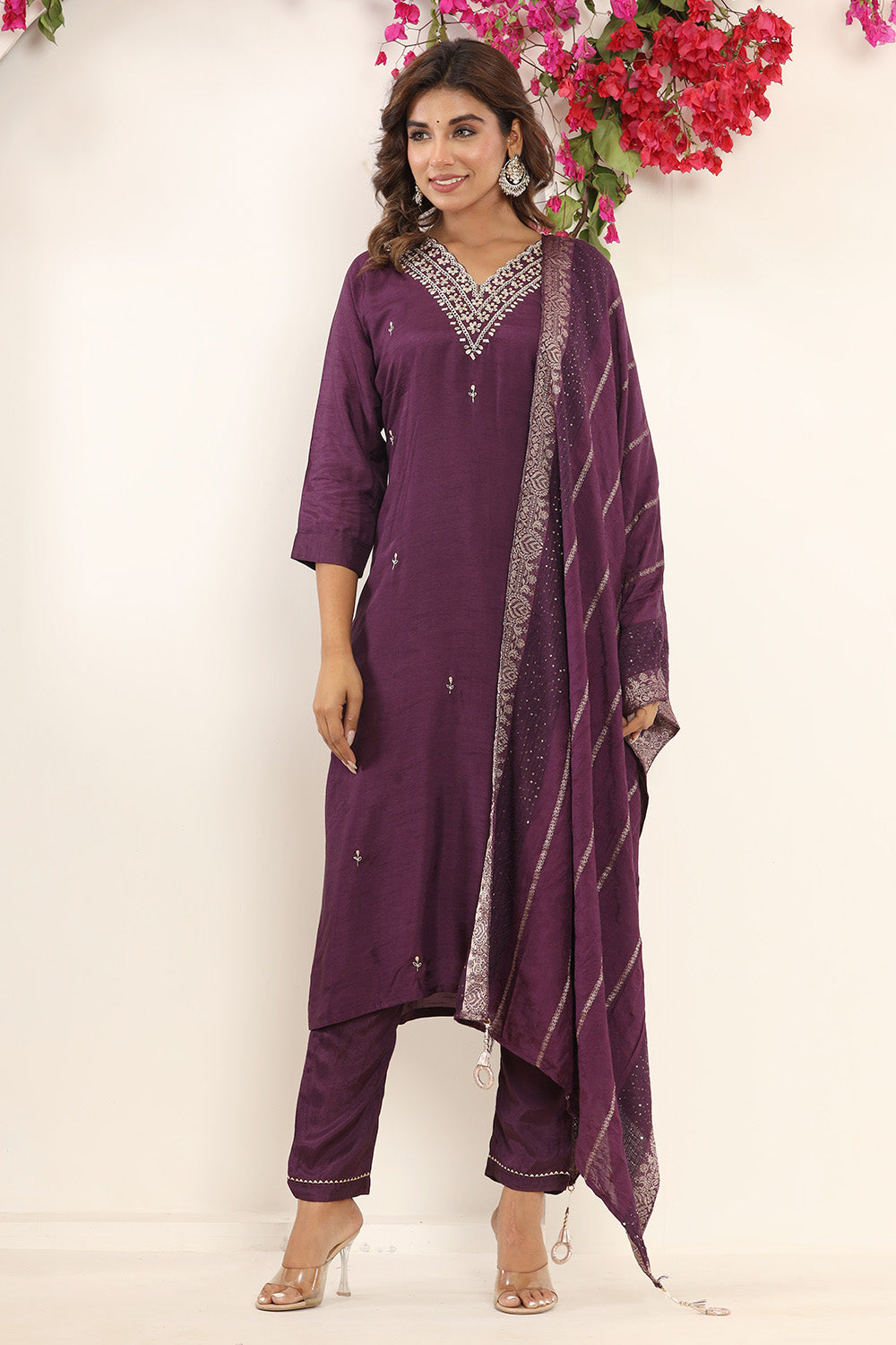 Purple Color Silk Neck Embroidered Straight Suit