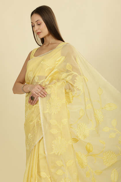 Pale Yellow Cotton Floral Resham Embroidered Saree