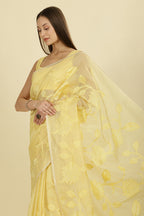 Pale Yellow Cotton Floral Resham Embroidered Saree