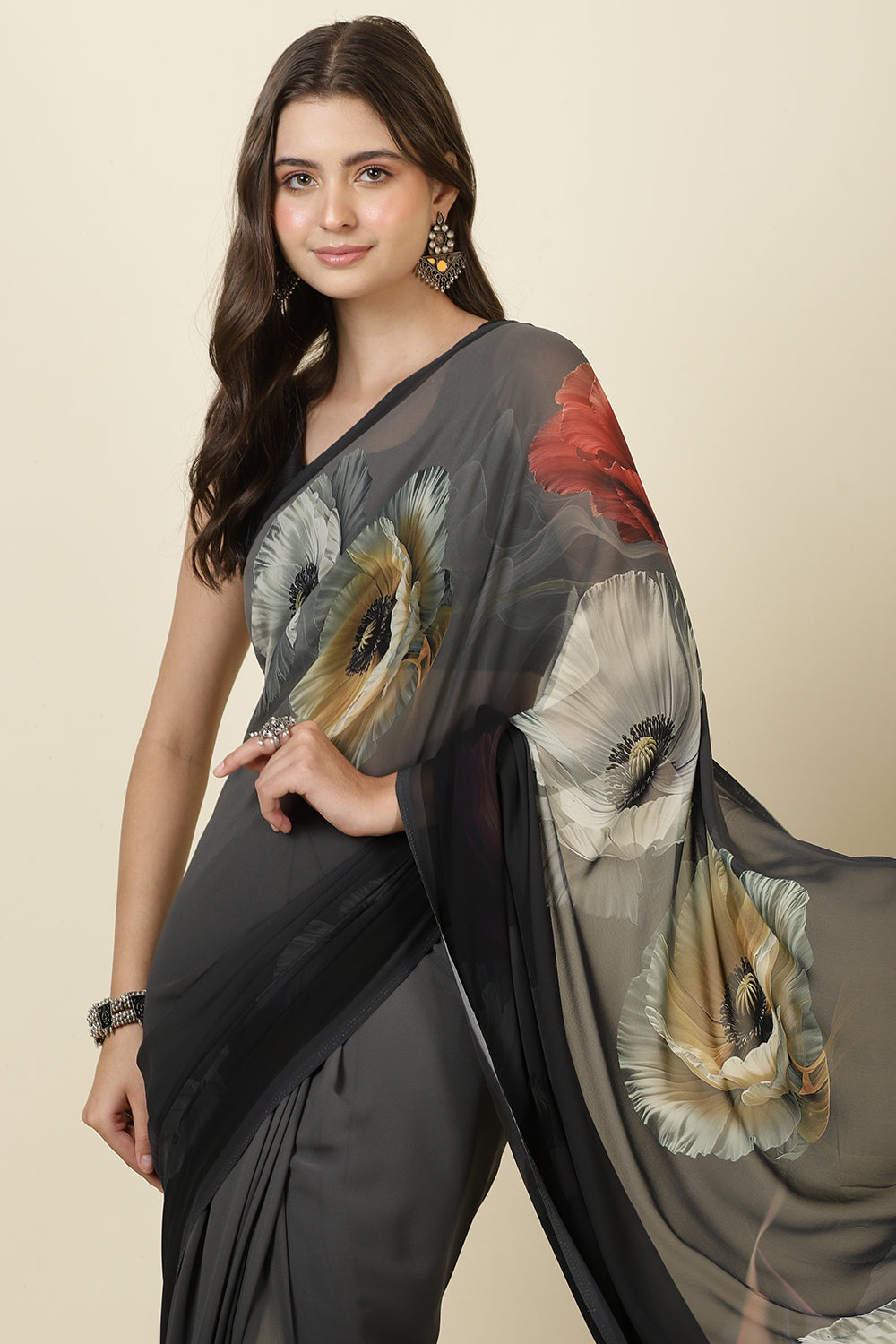 Black Georgette Floral Printed Saree